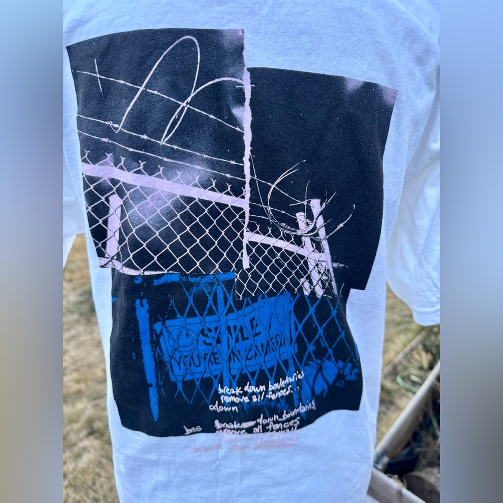 Vans White Tee with Blue and Black Fence Graphic